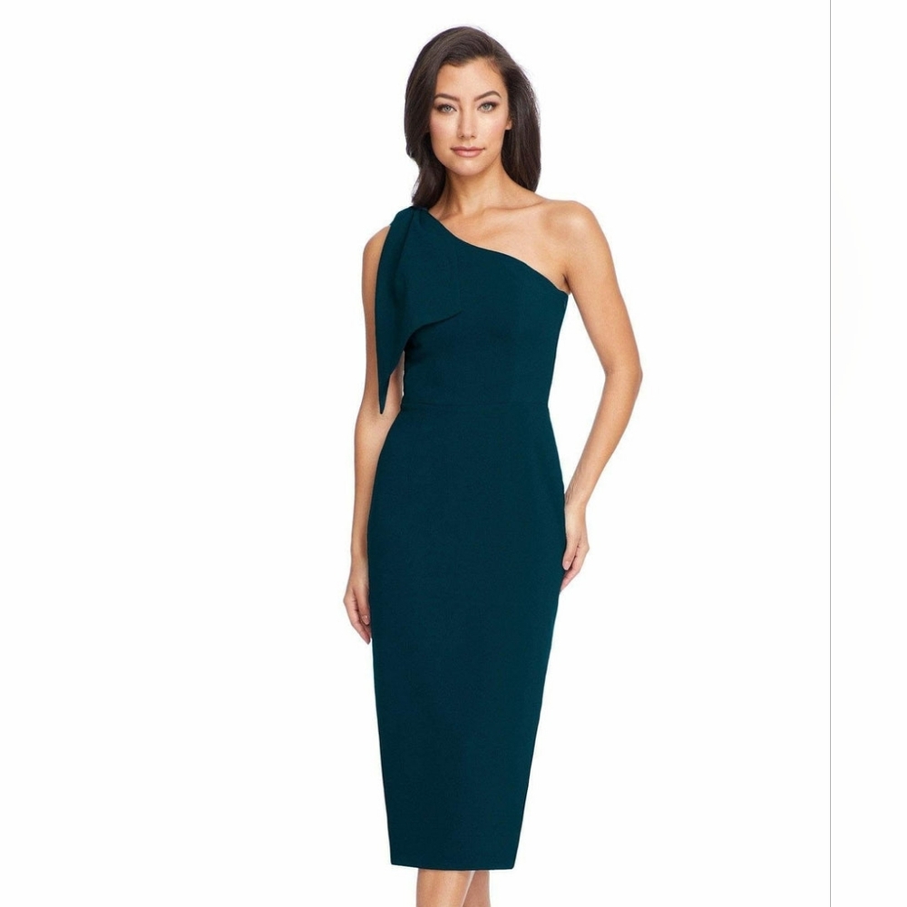 BN Dress The Population Tiffany one shoulder bow midi dress, Pine